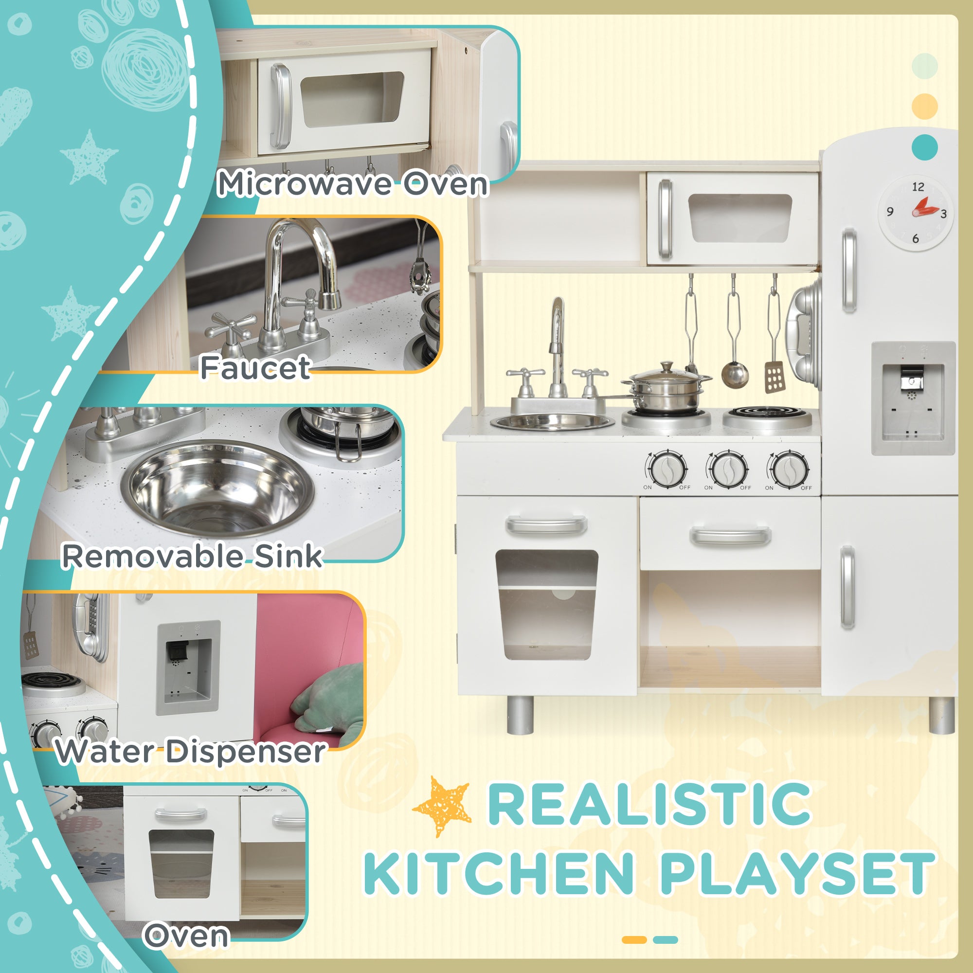Kids Wooden Pretend Play Toy Kitchen Cooking Set Role Play Phone For Boys Girls White