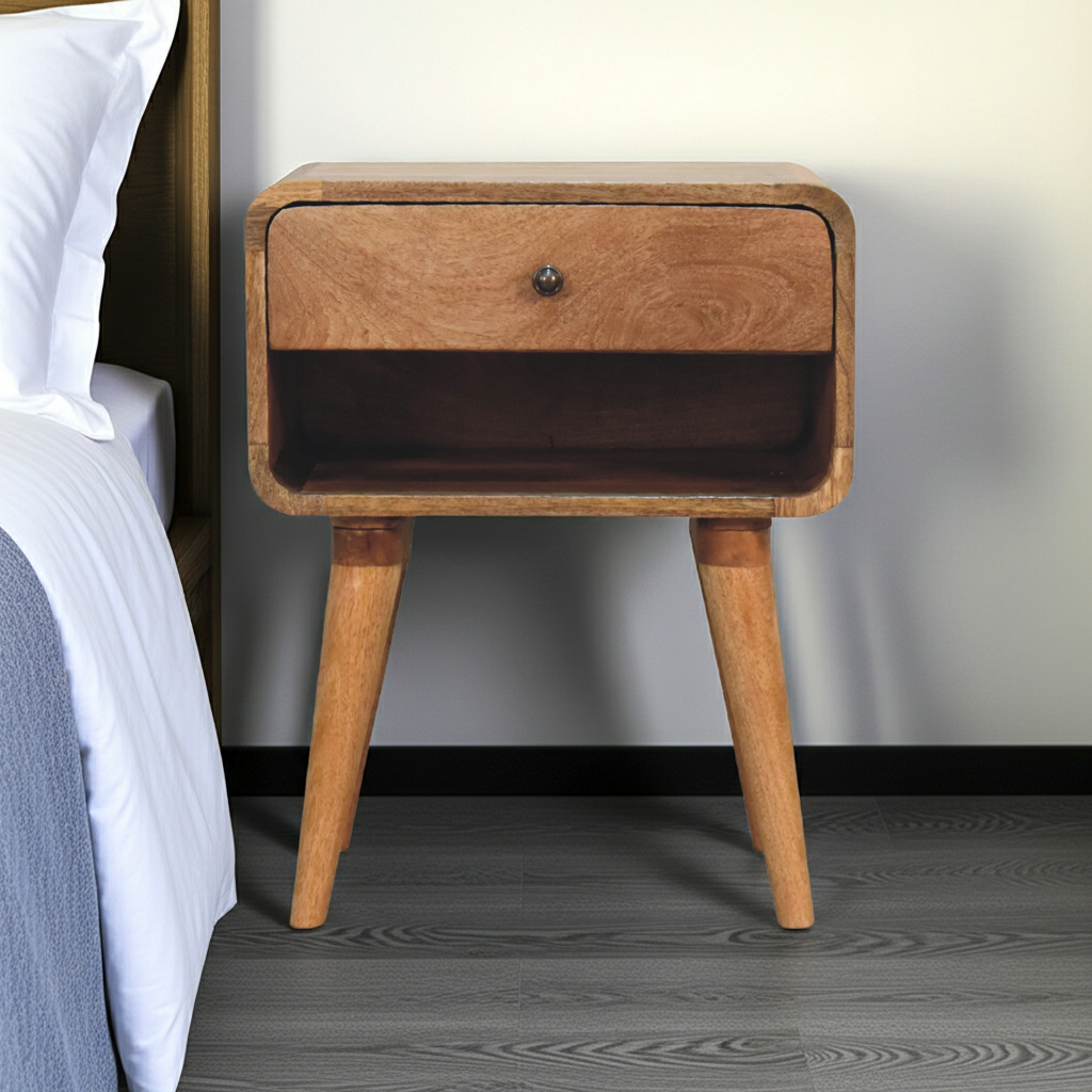 Curved Oak-ish Open Bedside