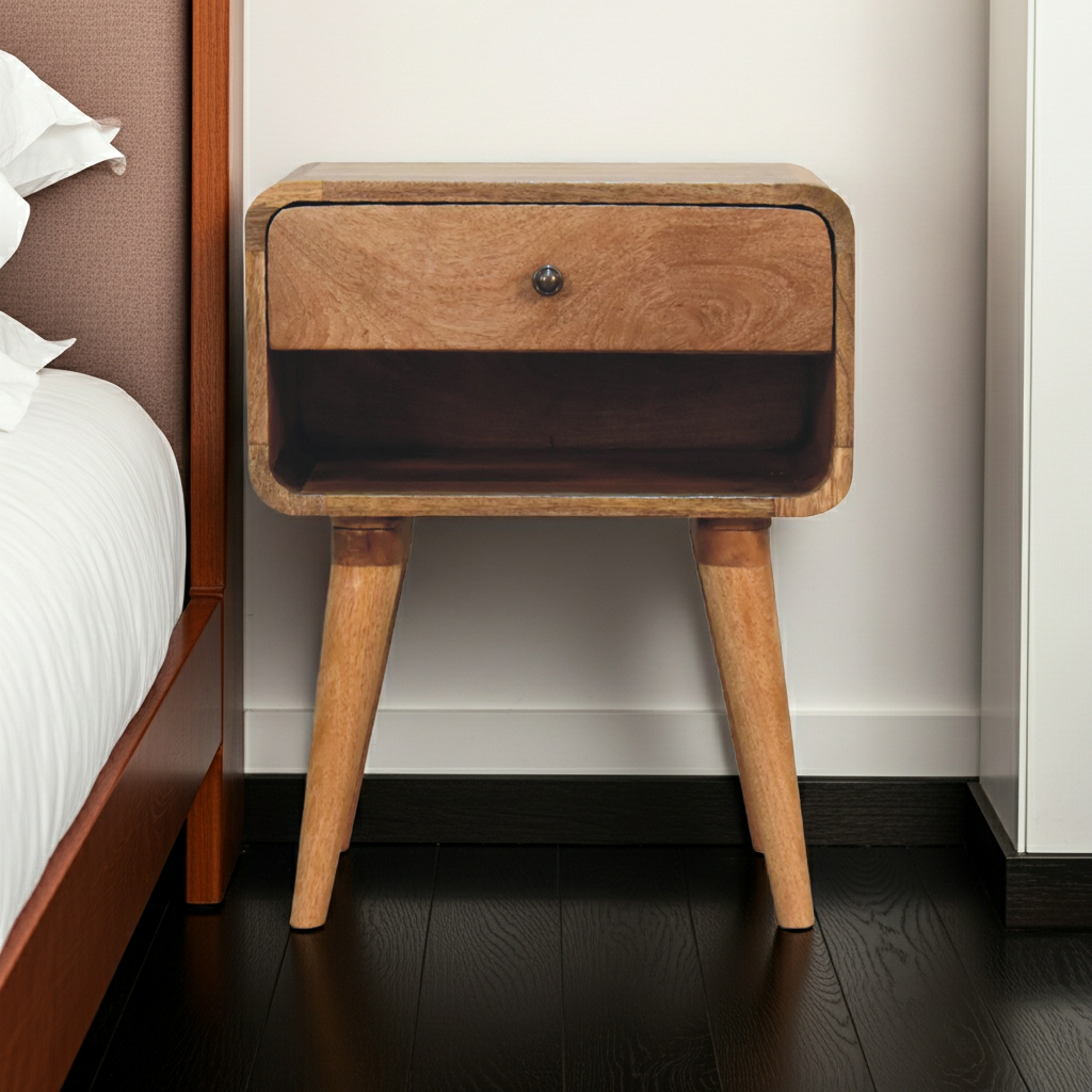 Curved Oak-ish Open Bedside