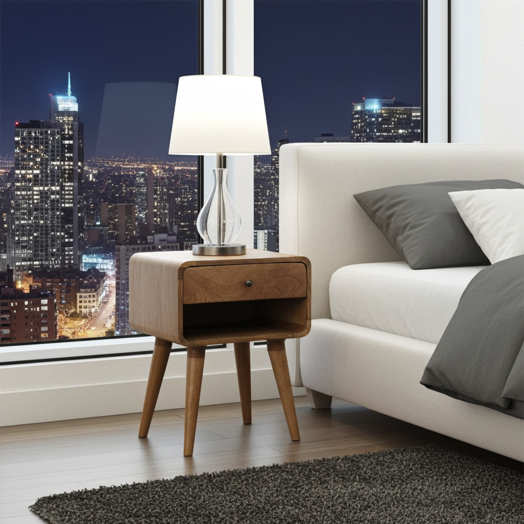 Curved Oak-ish Open Bedside