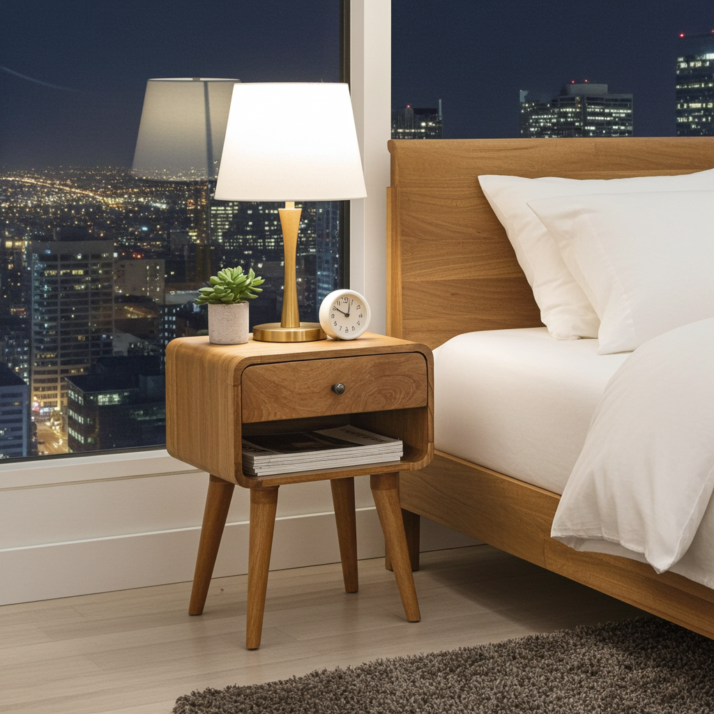 Curved Oak-ish Open Bedside