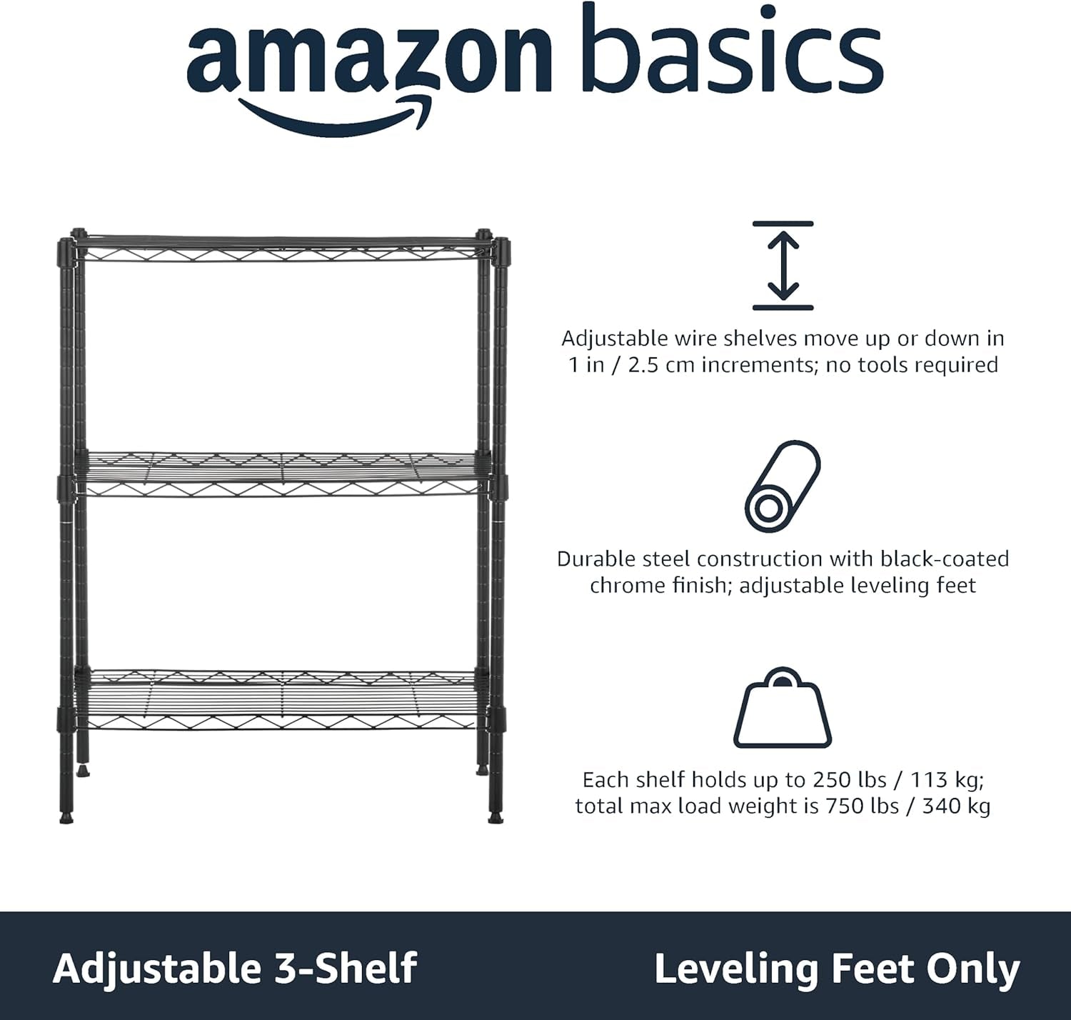 3-Shelf Narrow Storage Unit with Height Adjustable Shelves and Levelling Feet, 340 Kgs Max Weight, Black, 34 Cm D X 58.9 Cm W X 76.2 Cm H