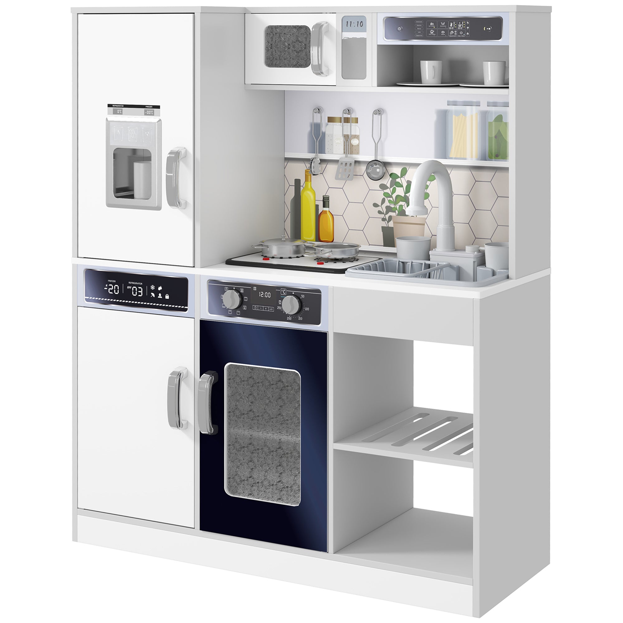 Pretend Play Toy Kitchen, Kids Kitchen Playset W/ Sounds, Lights, Running Water, Coffee Maker, Refrigerator