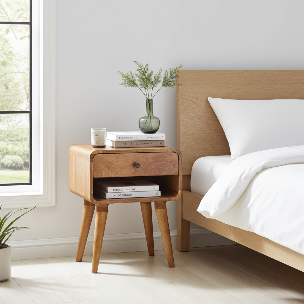 Curved Oak-ish Open Bedside