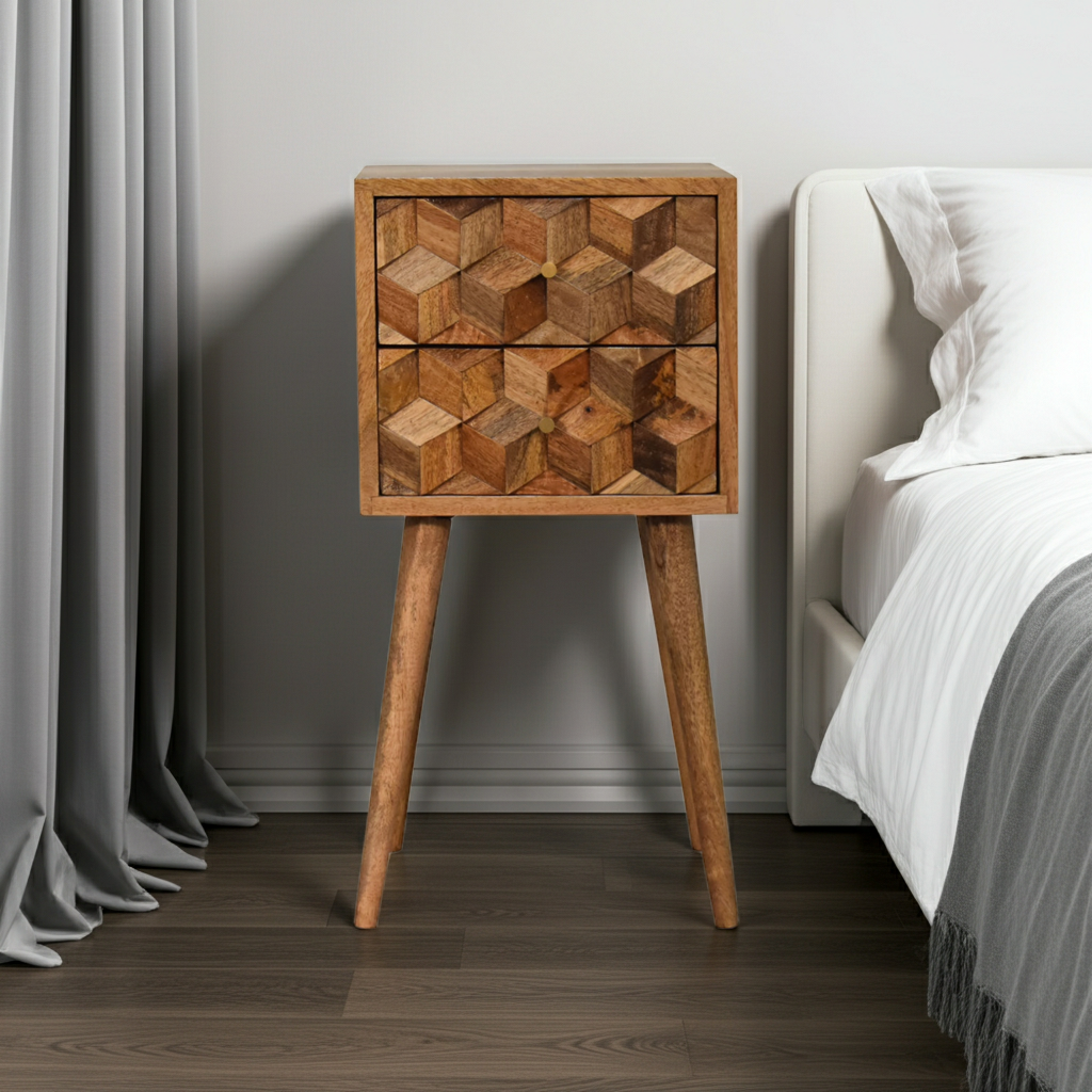 Mini Cube Carved 2 Drawer Bedside