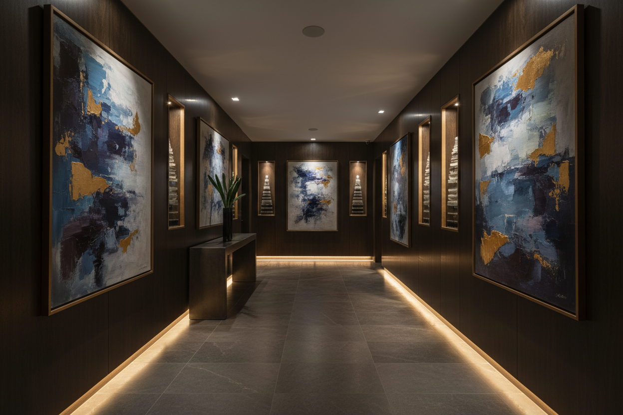 a dark modern hallway with luxurious art on the wall
