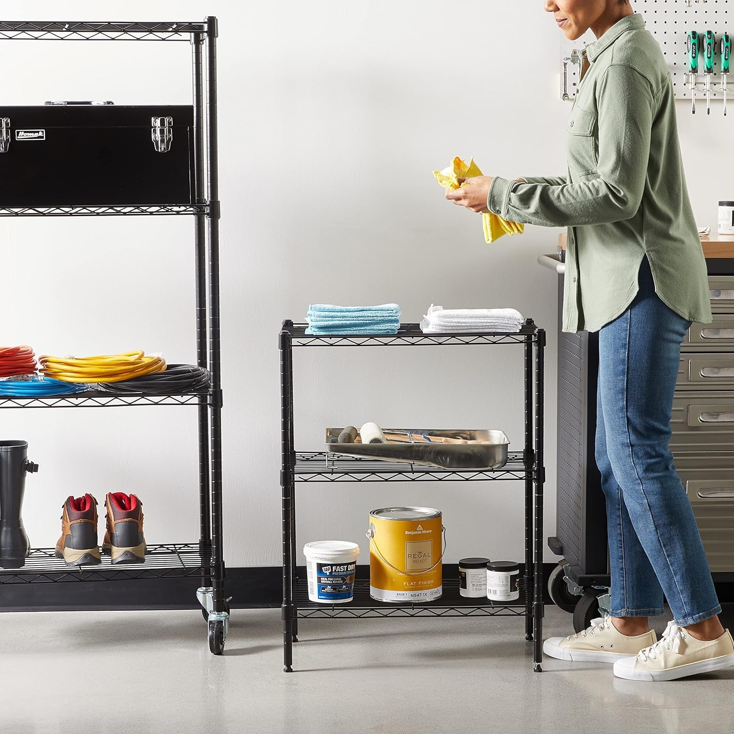 3-Shelf Narrow Storage Unit with Height Adjustable Shelves and Levelling Feet, 340 Kgs Max Weight, Black, 34 Cm D X 58.9 Cm W X 76.2 Cm H