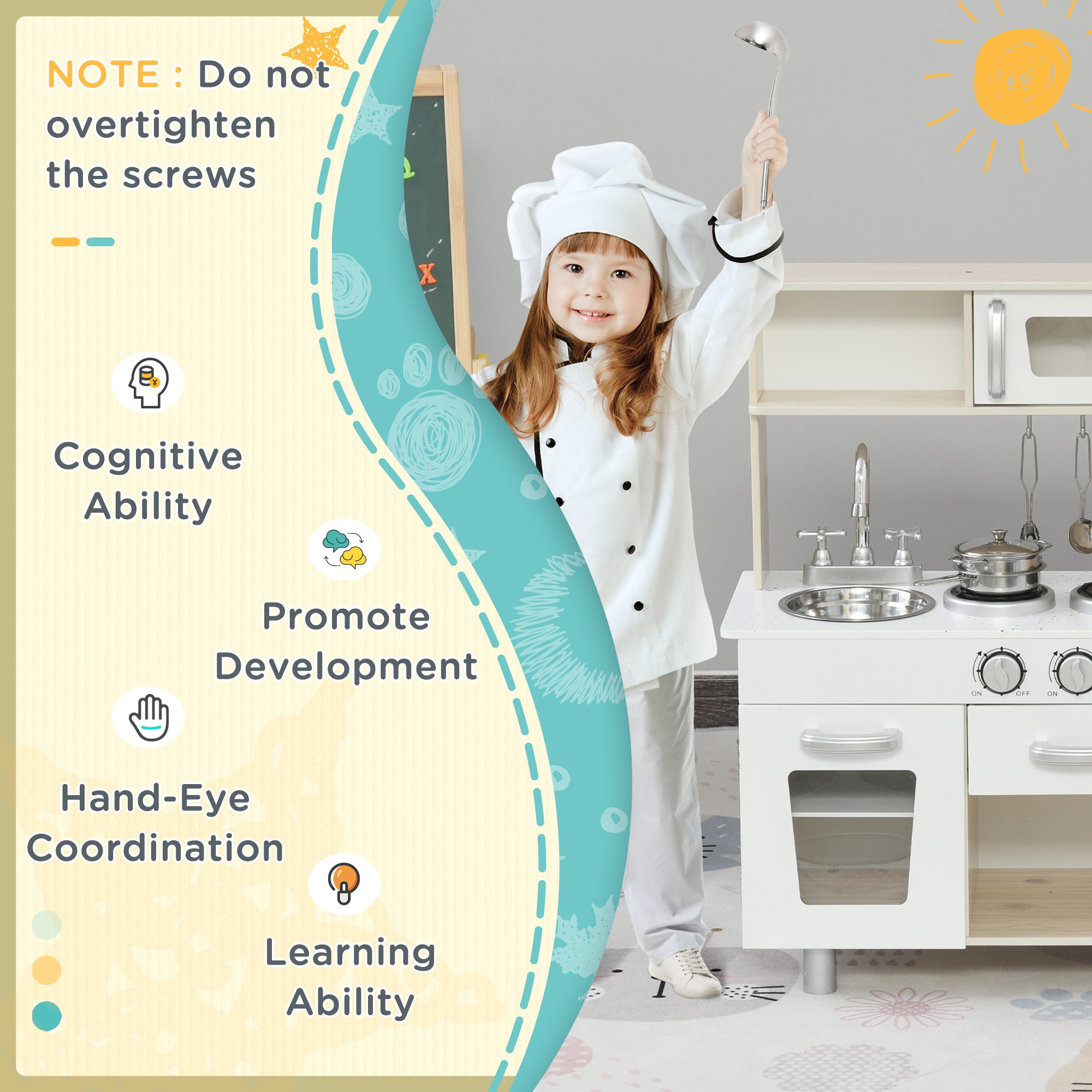 Kids Wooden Pretend Play Toy Kitchen Cooking Set Role Play Phone For Boys Girls White