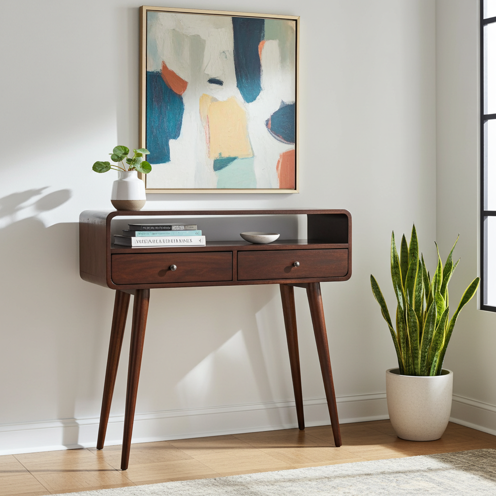 Curved Light Walnut Console Table