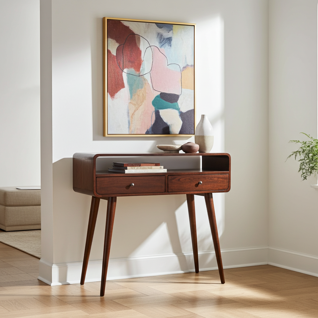Curved Light Walnut Console Table