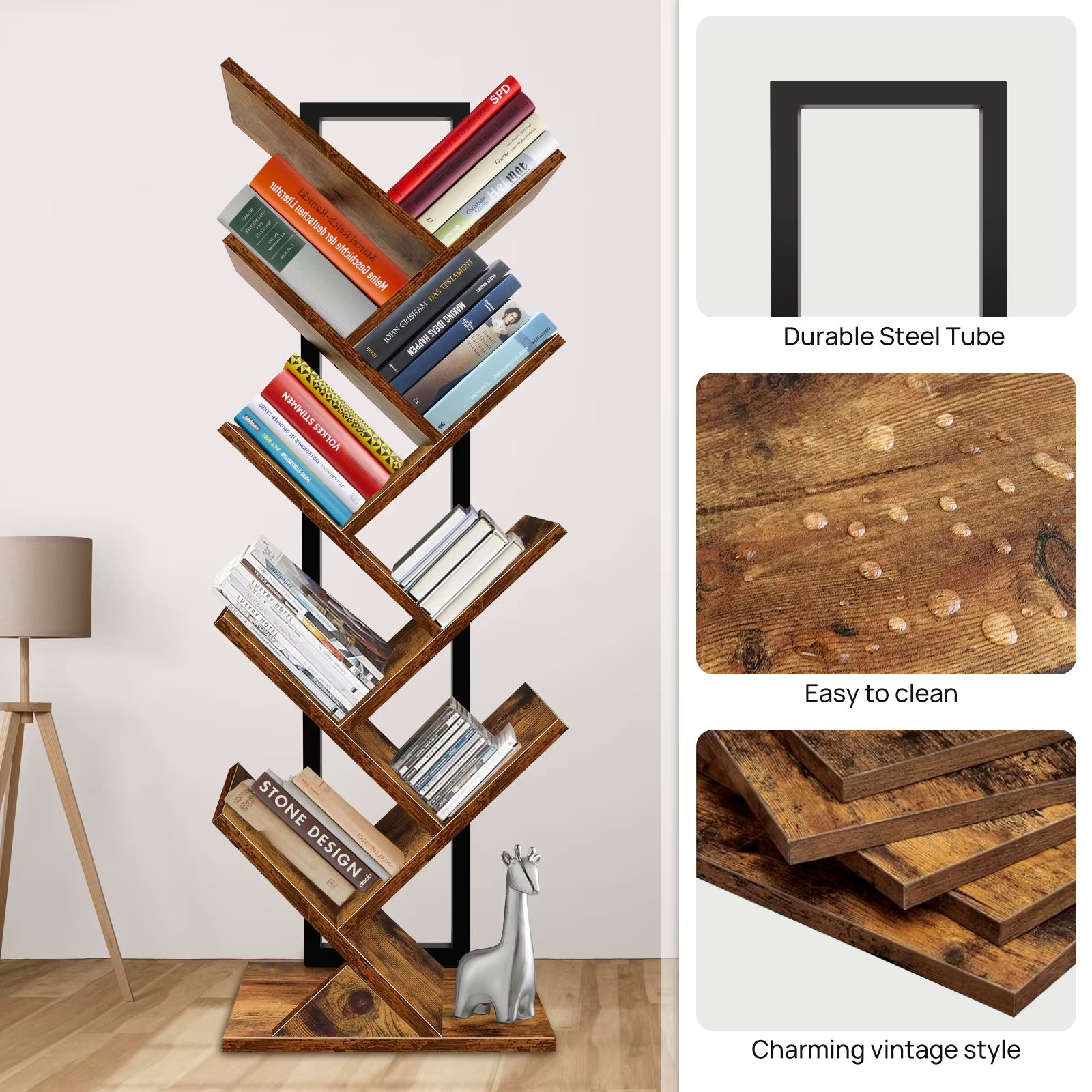 9-Tier Tree Bookshelf,Floor Standing Bookcase,Tree Shaped Book Shelves,Display Storage Shelving Units Storage Rack