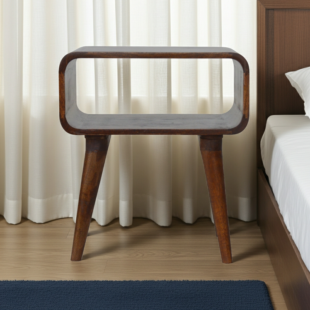 Curved Open Chestnut Bedside Table